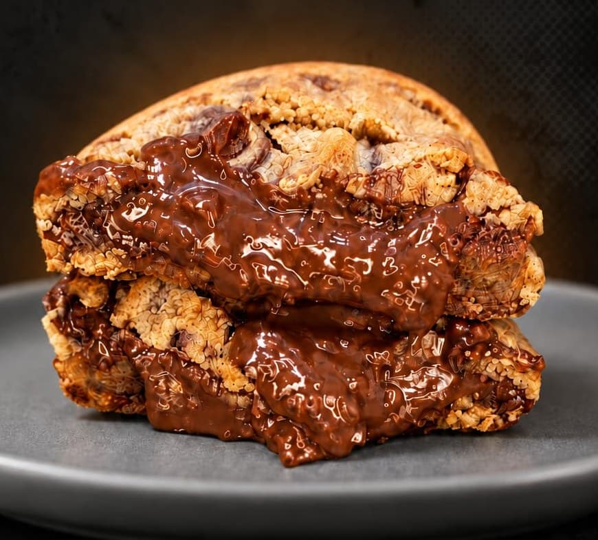 Cookie Duplo Maltine cortado ao meio com recheio de creme de Ovomaltine e flocos crocantes