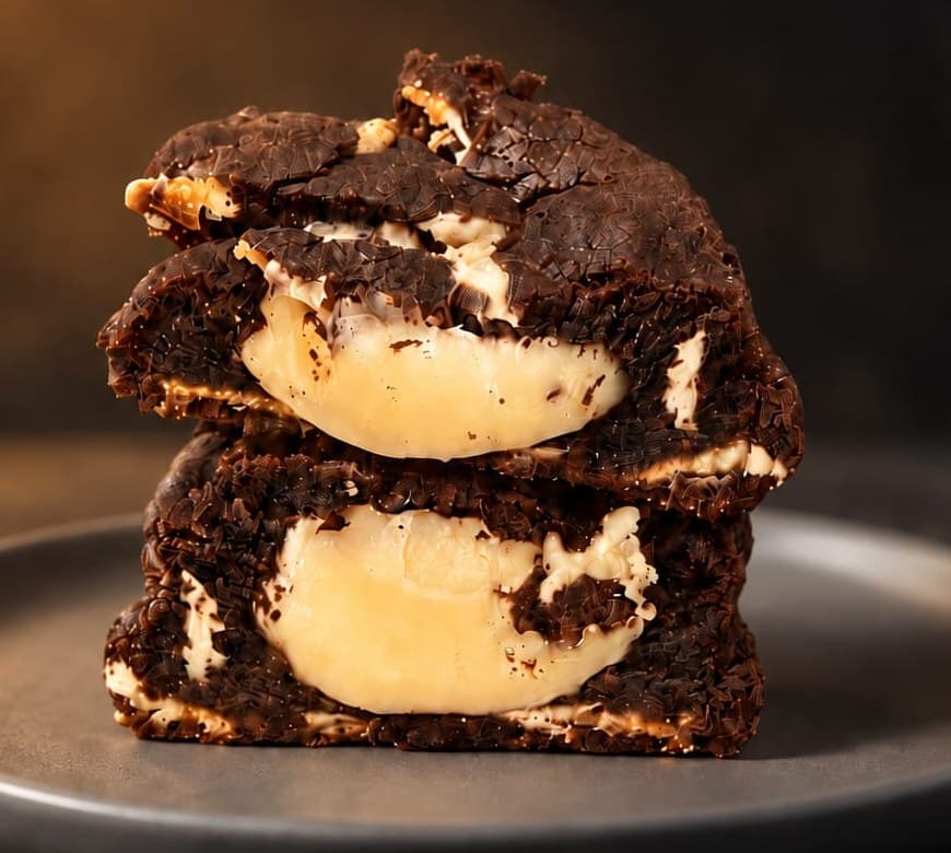 Cookie Ninho Black de massa escura cortado ao meio com recheio cremoso de brigadeiro de Ninho